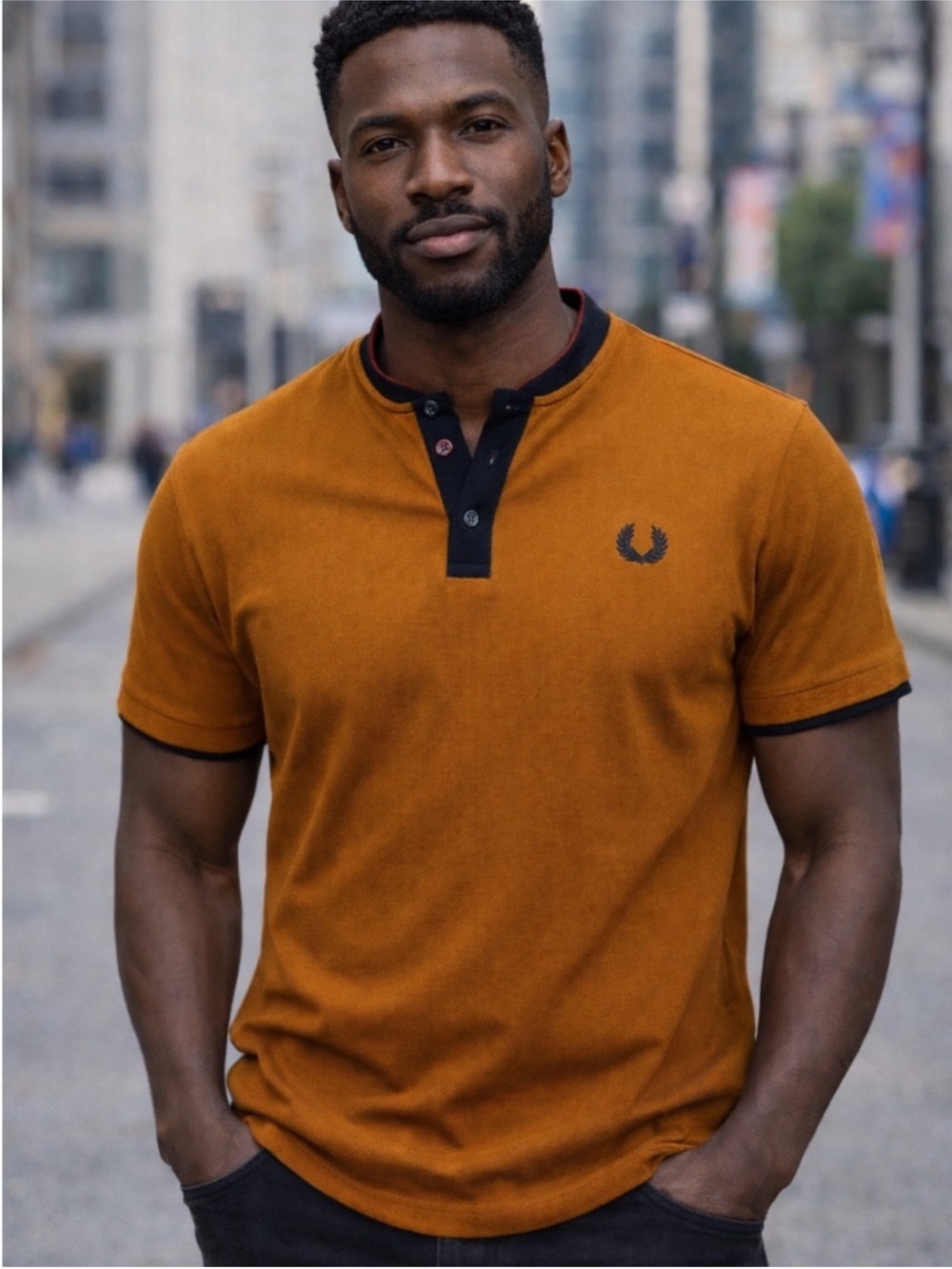 Nick Danger Short-Sleeve‎ Henley Polo Shirt - Burnt Orange with Contrast Trim